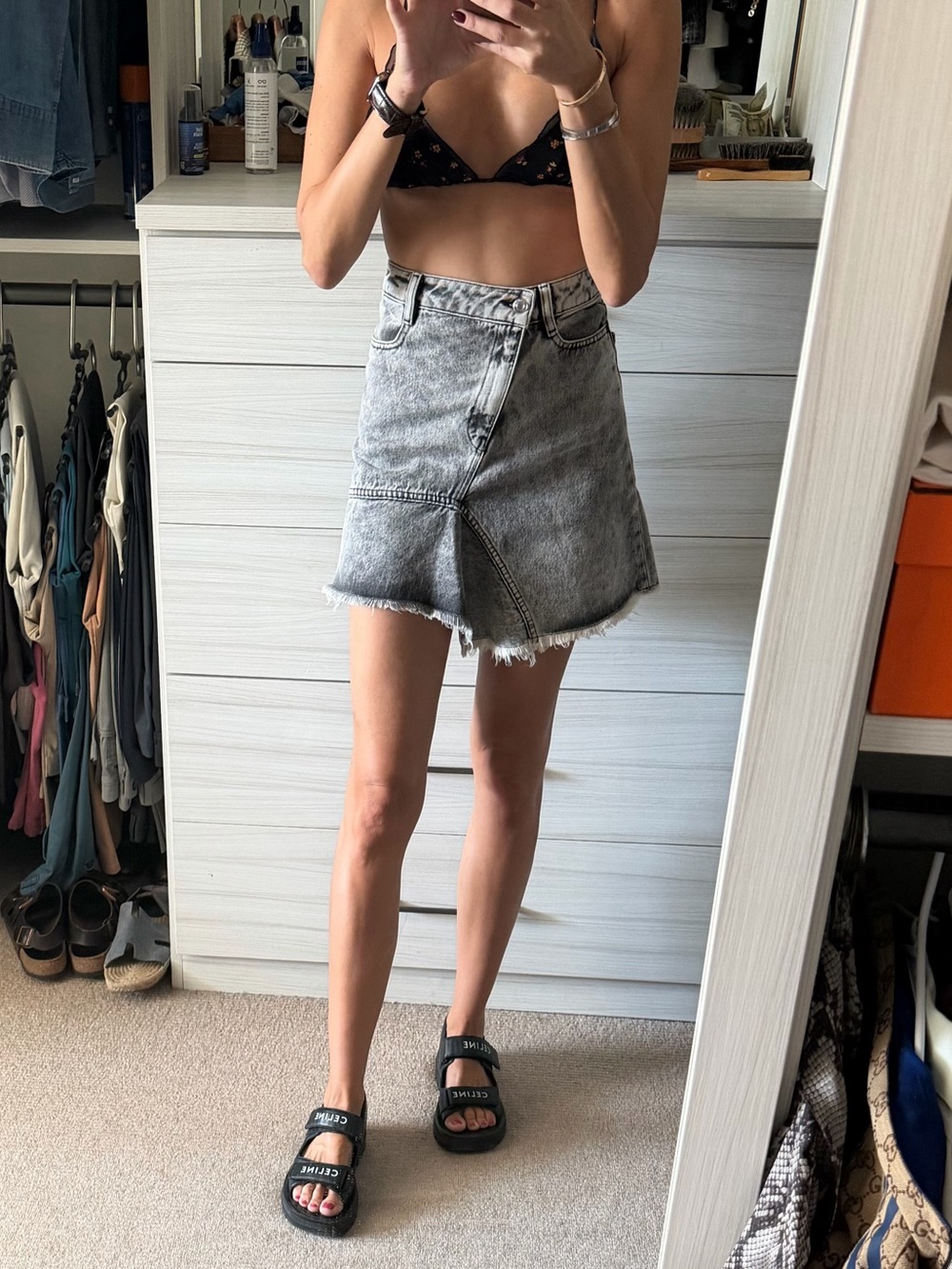 IRO Washed Gray Asymmetrical Denim Mini Skirt